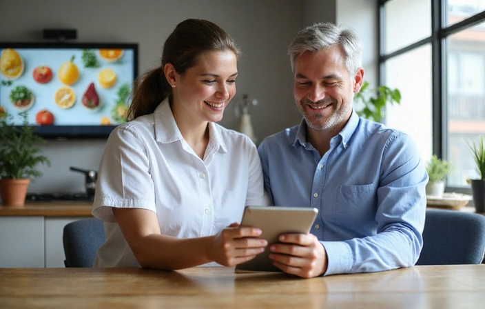 Nutricionista consultando a un paciente, ambos sonriendo en un ambiente profesional y acogedor, con gráficos de alimentos saludables en el fondo.