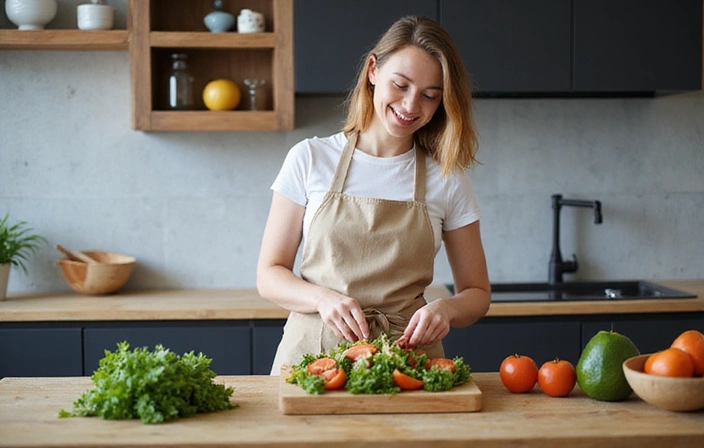 Nutricionista preparando una ensalada colorida con ingredientes frescos en una cocina moderna, mostrando un enfoque práctico de la alimentación saludable.