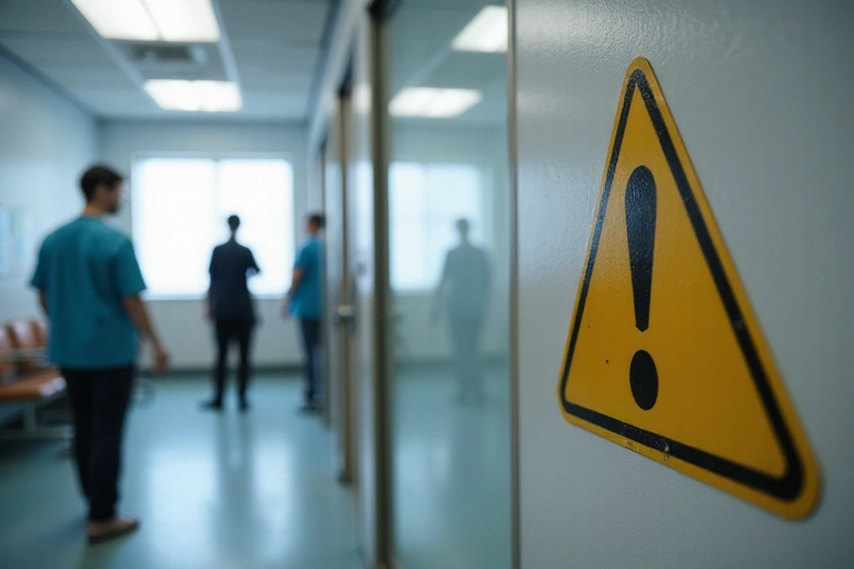 Un cartel de advertencia de peligro con un fondo borroso de personas, simbolizando la importancia de la consulta profesional en salud.