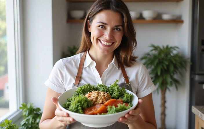 Elena sonriendo y saludable, con un plato de comida nutritiva